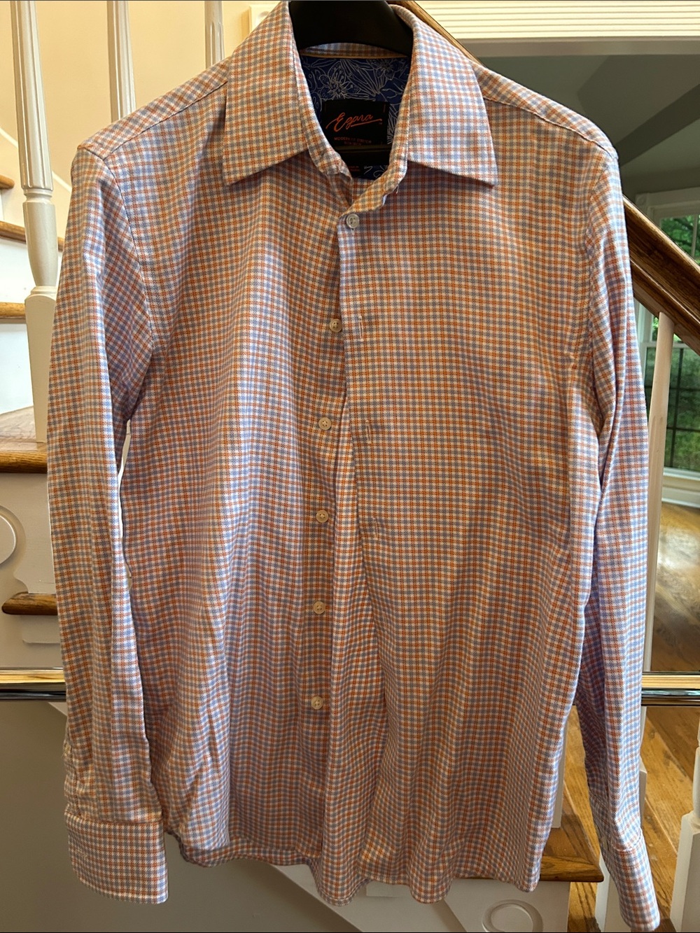 Egara Men’s Warehouse Orange and Blue Mini-Check Dress Shirt Men’s M Modern Fit